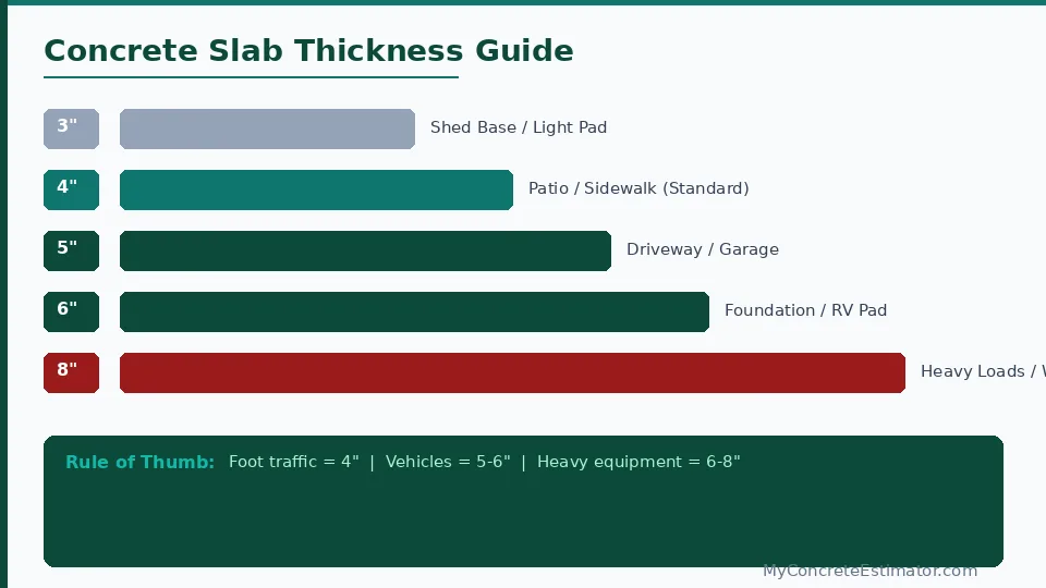 Concrete Slab Calculator — Estimate Yards, Bags & Cost (2026) 2 Concrete slab thickness guide showing 3 inch for shed base, 4 inch for patio, 5 inch for driveway, 6 inch for foundation, and 8 inch for heavy loads