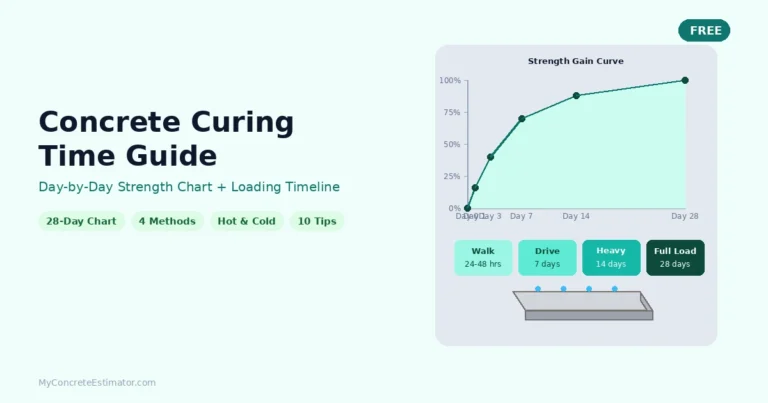 Concrete curing time guide showing day-by-day strength gain curve from 0% to 100% with loading milestones — walk at 24-48 hours, drive at 7 days, heavy loads at 14 days, and full load at 28 days