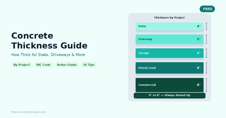 Concrete thickness guide showing recommended slab thickness by project type — 4 inches for patios, 5 inches for driveways and garages, 6 inches for heavy loads, and 8 inches for commercial applications