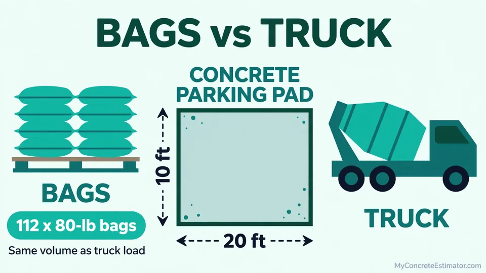 Diagram of a 10 by 20 foot parking pad at 4 inches thick showing the 112 eighty-pound bags of concrete needed beside a mixer truck comparison