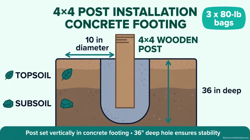 How Many Bags of Concrete per Fence Post? (Hole Size Matrix) 1 Cross-section diagram of a fence post hole showing hole diameter, depth, and bag count for an 80-lb bag pour