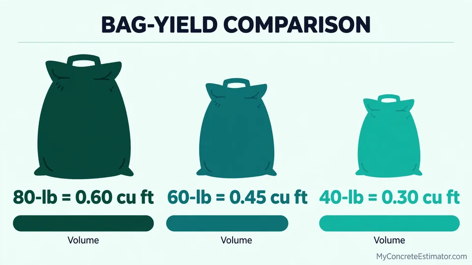 How Many Bags of Concrete for a 10x10 Slab? (56 Bags at 4") 2 Infographic showing how much concrete each bag size yields: 80-lb bag makes 0.60 cubic feet, 60-lb bag makes 0.45 cubic feet, 40-lb bag makes 0.30 cubic feet