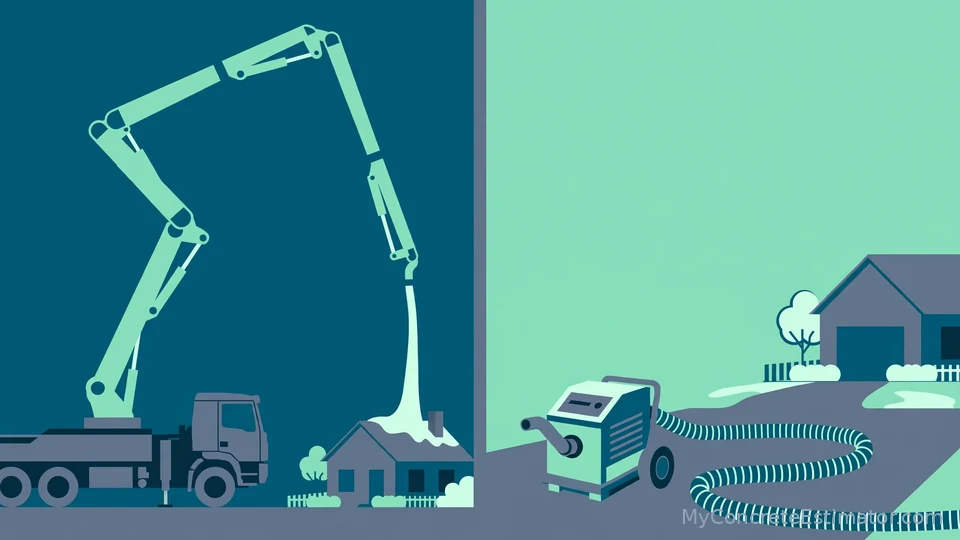 Concrete Delivery Fee Calculator — Short Load Fees & Pump Costs 3 Side-by-side illustration of a boom pump truck with extended arm and a portable line pump with hose on a driveway