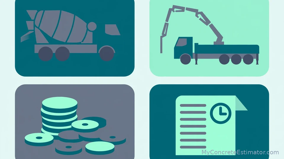 Concrete Delivery Fee Calculator — Short Load Fees & Pump Costs 2 Infographic showing the three parts of a concrete pumping bill: mixer truck, pump truck, hourly rate and invoice